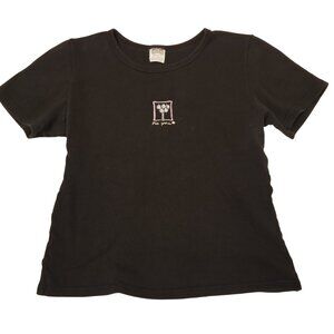 Vintage Baby Tee T-Shirt Flower Black Basic Cotton Medium Polish Fitted Stretchy